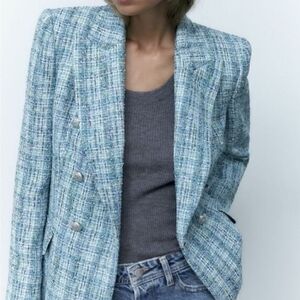 ZARA Bloggers Fave Women's XS Blue / Green Tweed Plaid Blazer, Like New